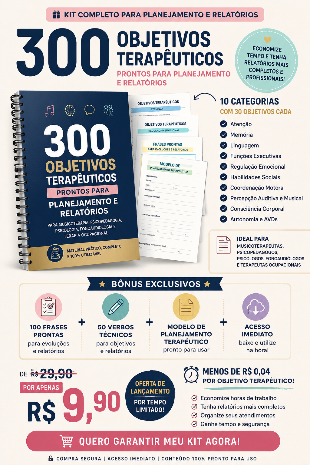 Kit profissional de planejamento e relatórios — 300 objetivos terapêuticos